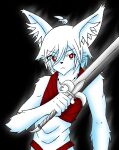  anthro aura black_background canid canine canis clothed clothing fox fur hair hi_res inner_ear_fluff jewelry male mammal melee_weapon necklace nikku_lunatique nikku_lunatique_(character) pupils red_clothing red_eyes short_hair simple_background sleeveless_shirt solo sword tuft weapon white_body white_fur white_hair white_pupils 