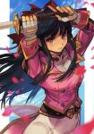  1girl black_hair breasts cherry_blossoms feet_out_of_frame fingerless_gloves gloves hungry_clicker jacket katana long_hair medium_breasts pants parted_lips pink_jacket sakura_taisen serious shinguuji_sakura solo sword traditional_media weapon white_pants yellow_eyes 