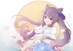  1girl ^_^ animal blue_dress carrying cat cherry_blossoms choker closed_eyes collarbone commentary double_bun dress genshin_impact highres keqing_(genshin_impact) long_hair moon purple_eyes purple_hair purple_neckwear qingye_ling short_sleeves smile twintails white_cat 