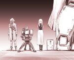  1girl 3others coat commentary dress gun highres hooded_coat humanoid_robot ishiyumi long_dress mechanical_buddy_universe monochrome multiple_others overcoat rifle robot science_fiction sepia shoes sniper_rifle submachine_gun title_page weapon 