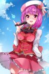  1girl breasts fate/grand_order fate_(series) frilled_skirt frills hat helena_blavatsky_(fate) highres holding holding_microphone long_sleeves lostroom_outfit_(fate) microphone miniskirt pink_legwear purple_eyes purple_hair red_skirt red_vest sezoku shirt short_hair skirt small_breasts solo thighhighs vest white_headwear white_shirt 