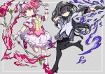  2girls akemi_homura black_hair black_skirt bow bow_(weapon) dress flower gloves gun hair_ornament high_heels highres jewelry kaname_madoka kneehighs long_hair long_sleeves magic magical_girl mahou_shoujo_madoka_magica multicolored multicolored_clothes multicolored_dress multiple_girls neck_ribbon niumu pink_eyes pink_hair puffy_short_sleeves puffy_sleeves purple_eyes ribbon rose short_hair short_sleeves short_twintails skirt twintails weapon 