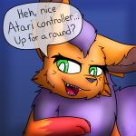  1:1 2021 angelthegamer atari bedroom_eyes blue_nose brown_body brown_fur controller eeveelution eyelashes fan_character female feral flareon fur game_controller green_eyes hi_res multicolored_body multicolored_fur narrowed_eyes nintendo open_mouth open_smile orange_body orange_fur paws pok&eacute;mon pok&eacute;mon_(species) purple_body purple_fur red_body red_fur seductive sheela_(angelthegamer) simple_background smile solo speech_bubble teeth teeth_showing text throat tongue video_games 