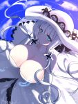  1girl anchor_symbol artist_name azur_lane bare_shoulders blue_eyes breasts cleavage dress elbow_gloves eyebrows_visible_through_hair from_above gloves hair_ribbon hat highres illustrious_(azur_lane) lace-trimmed_headwear lace_trim large_breasts long_hair looking_at_viewer looking_up ribbon sleeveless sleeveless_dress solo strapless strapless_dress sun_hat tarakon tress_ribbon very_long_hair white_dress white_gloves white_hair white_headwear 
