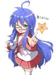  1girl :3 ;d ahoge aikawa_ryou bangs blue_hair blush collarbone commentary_request glasses green_eyes hair_between_eyes highres index_finger_raised izumi_konata long_hair long_sleeves looking_at_viewer lucky_star mole mole_under_eye neckerchief one_eye_closed open_mouth pink_neckwear pleated_skirt red-framed_eyewear ryouou_school_uniform sailor_collar school_uniform semi-rimless_eyewear serafuku shirt simple_background skirt sleeves_past_wrists smile solo thighhighs very_long_hair white_background white_legwear white_shirt zettai_ryouiki 