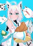  1girl absurdres ahoge animal_ear_fluff animal_ears ao_no_kitsune aqua_eyes bangs bare_shoulders black_bow blue_background blue_neckwear bow braid closed_mouth cowboy_shot detached_sleeves doll_hug ear_piercing fox_ears fox_girl fox_tail fubuchun fubuzilla_(shirakami_fubuki) hair_between_eyes hair_bow highres hololive hood hoodie jewelry long_hair looking_at_viewer low_ponytail miteiru_(shirakami_fubuki) multicolored_hair neckerchief oruyanke_(shirakami_fubuki) piercing shirakami_fubuki side_braid sidelocks silver_hair single_earring sleeveless solo streaked_hair tail virtual_youtuber white_hair white_hoodie white_sleeves wide_sleeves 