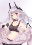  1girl arknights armpits bangs bare_shoulders black_tank_top blush breasts cleavage collarbone commentary_request curled_horns ear_piercing eyebrows_visible_through_hair gradient gradient_background grey_background grey_jacket groin hair_between_eyes highres hizaka horns jacket long_hair looking_at_viewer medium_breasts mudrock_(arknights) navel open_clothes open_jacket parted_lips piercing pointy_ears red_eyes sarashi silver_hair solo sweat tank_top white_background 