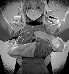  1boy 1girl absurdres bangs braid braided_ponytail breast_grab breasts fate/grand_order fate_(series) florence_nightingale_(fate) folded_ponytail fujimaru_ritsuka_(male) grabbing greyscale groping highres hxd large_breasts long_hair long_sleeves military_jacket monochrome 