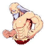  1boy abs beard clenched_hands commentary_request cropped_torso facial_hair grey_hair highres long_hair male_focus monk_(sekaiju) mustache naga_u sekaiju_no_meikyuu sekaiju_no_meikyuu_3 shirtless simple_background solo thick_eyebrows upper_body white_background 