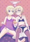  2girls barefoot birthday black_bra black_legwear black_panties blonde_hair blush bra breasts brown_eyes cake closed_mouth collarbone dated erica_hartmann eyebrows_visible_through_hair food garter_belt garter_straps glasses hand_on_another&#039;s_shoulder highres keicha_(kmoekaki) labcoat lingerie looking_at_another multiple_girls navel negligee open_mouth panties see-through shiny shiny_hair short_hair small_breasts smile spread_legs strike_witches thighhighs underwear ursula_hartmann white_panties world_witches_series yuri 