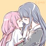  2girls artist_name blue_hair blush closed_eyes imminent_kiss long_hair magia_record:_mahou_shoujo_madoka_magica_gaiden mahou_shoujo_madoka_magica multiple_girls nanami_yachiyo open_mouth pink_hair profile school_uniform serafuku studiozombie tamaki_iroha upper_body yuri 