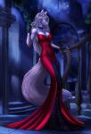  2021 anthro breasts canid canine clothed clothing detailed_background digital_media_(artwork) dress elvofirida female fingers hair hi_res mammal night outside red_clothing red_dress solo white_hair 