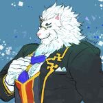  1boy bara black_suit blue_background blue_neckwear formal frills furry gloves gold_trim hand_on_own_chest hand_up long_sleeves looking_at_viewer male_focus mane monocle pmlial pocket_square snow_(tokyo_houkago_summoners) solo suit tokyo_houkago_summoners twitter_username upper_body vest white_gloves white_hair 