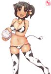  1girl absurdres alternate_costume animal_ears animal_print artist_logo ass_visible_through_thighs bell bikini black_hair breasts brown_eyes cleavage collarbone commentary_request cow_ears cow_horns cow_print cow_tail cowbell cowboy_shot dated ear_tag fake_animal_ears fake_horns front-tie_top highres horns kanon_(kurogane_knights) kantai_collection looking_at_viewer lowleg lowleg_bikini medium_breasts nagara_(kancolle) one-hour_drawing_challenge one_side_up short_hair side-tie_bikini simple_background solo standing swimsuit tail tan tanline thighhighs volleyball white_background white_bikini white_legwear 