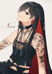  1girl arm_tattoo bangs black_choker black_hair black_panties black_pants brown_eyes choker colored_inner_hair eyebrows_visible_through_hair head_tilt henna highres long_hair multicolored_hair nijisanji nijisanji_in noor_(nijisanji) panties pants red_hair smile so_nagi_(artist) solo tank_top tattoo underwear very_long_hair virtual_youtuber 