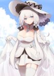  1girl anchor_symbol azur_lane bare_shoulders blue_eyes blue_sky breasts cleavage cloud detached_collar dress elbow_gloves eyebrows_visible_through_hair garter_straps gloves hair_ribbon hat highres illustrious_(azur_lane) kashiyarrm lace-trimmed_headwear lace_trim large_breasts long_hair looking_at_viewer ribbon sapphire_(gemstone) skirt_hold sky sleeveless sleeveless_dress solo strapless strapless_dress sun_hat thighhighs tress_ribbon tri_tails very_long_hair white_dress white_gloves white_hair white_headwear white_legwear 