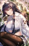  1girl absurdres azuma_(azur_lane) azur_lane bangs black_gloves black_hair black_legwear blush breasts day dress eyebrows_visible_through_hair flower forest gloves hair_between_eyes hair_flower hair_ornament hairclip half_gloves highres holding holding_flower huge_breasts jacket jacket_on_shoulders long_hair looking_at_viewer minestrone_takizawa nature one_eye_closed open_mouth outdoors smile solo thighhighs very_long_hair white_flower white_jacket yellow_eyes 