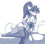  anthro bed blue_and_white breasts canid canine clothed clothing digital_media_(artwork) female fox furniture hi_res infinitedge2u looking_at_viewer mammal monochrome on_bed smile solo 