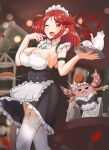  1girl absurdres alternate_costume apron bangs breasts chest_jewel cleavage highres ii_tea large_breasts maid maid_apron maid_headdress nopon pyra_(xenoblade) red_eyes red_hair short_hair swept_bangs thighhighs xenoblade_chronicles_(series) xenoblade_chronicles_2 