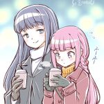  2girls artist_name blue_hair blush braid coat coffee cup disposable_cup flying_sweatdrops gloves height_difference long_hair low_ponytail magia_record:_mahou_shoujo_madoka_magica_gaiden mahou_shoujo_madoka_magica multiple_girls nanami_yachiyo pink_hair steam studiozombie tamaki_iroha upper_body winter_clothes yuri 