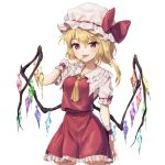  1girl :d ascot banned_artist blonde_hair bow collar commentary fangs finger_to_mouth flandre_scarlet frilled_collar frilled_skirt frilled_sleeves frills hand_up hat hat_bow highres looking_at_viewer minust mob_cap one_side_up open_mouth puffy_short_sleeves puffy_sleeves red_bow red_eyes red_skirt red_vest short_hair short_sleeves simple_background skirt skirt_set smile solo touhou vest white_background white_headwear wings wrist_cuffs yellow_neckwear 