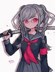  1girl bangs black_serafuku black_shirt blush braid closed_mouth commentary_request danganronpa_(series) danganronpa_2:_goodbye_despair dated glasses grey_hair hair_ribbon highres holding holding_sword holding_weapon katana long_hair long_sleeves looking_at_viewer mameeekueya neckerchief over_shoulder pekoyama_peko pleated_skirt red_eyes red_neckwear ribbon sailor_collar school_uniform serafuku shirt silver_hair skirt solo sword twin_braids twitter_username weapon weapon_over_shoulder 