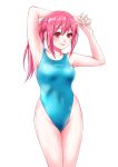  1girl absurdres arms_up blue_swimsuit breasts cloud competition_swimsuit covered_navel cowboy_shot highleg highleg_swimsuit highres long_hair looking_at_viewer macosee one-piece_swimsuit original ponytail red_eyes red_hair simple_background small_breasts solo standing swimsuit white_background 