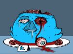  2021 avian beak bird blood bloodshot_eyes blue_beak blue_body blue_eyes blue_feathers bodily_fluids brain crying death decapitation drooling fan_character feathers gore grey_background open_mouth organs plate saliva severed_head shirtbusters simple_background tagme tears tongue twitter 