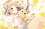  1girl :d animal animal_ears bare_arms bare_shoulders blurry blurry_background blush brown_eyes brown_hair camisole commentary_request depth_of_field dog dog_ears feet_out_of_frame floating_hair flower frilled_camisole golden_retriever knees_up long_hair looking_at_viewer navel open_mouth original pleated_skirt shiratama_(shiratamaco) skirt smile solo very_long_hair white_camisole white_skirt yellow_flower 