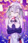  1girl ahoge bangs breasts fate/grand_order fate_(series) hair_ribbon headpiece jeanne_d&#039;arc_(alter)_(fate) jeanne_d&#039;arc_(fate)_(all) looking_at_viewer merry_christmas mouth_hold neko_daruma ribbon ribbon_in_mouth santa_costume short_hair silver_hair solo yellow_eyes 