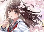  1girl :o aroa_(aroamoyasi) bangs blue_sailor_collar blurry blurry_background blush brown_eyes brown_hair cherry_blossoms flower long_hair long_sleeves looking_at_viewer neckerchief open_mouth original petals pink_flower red_neckwear sailor_collar school_uniform serafuku shirt solo white_shirt 