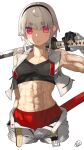  abs albino belt gloves grey_hair highres looking_at_viewer muscular muscular_female open_fly original over_shoulder pants red_eyes short_hair sleeveless sports_bra sword sword_over_shoulder thick_eyebrows underwear weapon weapon_over_shoulder white_hair white_pants yuyu_ekaki_dayo 