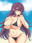  1girl :o absurdres bangs beach bikini black_bikini blue_sky breasts curvy eyebrows_visible_through_hair finger_to_mouth hair_between_eyes hand_on_own_chest highres huge_breasts impossible_clothes impossible_swimsuit long_hair looking_at_viewer murasaki_(senran_kagura) navel ninimu-home open_mouth purple_eyes purple_hair senran_kagura sky solo summer swimsuit very_long_hair wavy_mouth wide_hips 