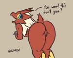  467adv 5:4 anthro bent_over blaziken blue_eyes butt dialogue english_text eyelashes female fur genitals hi_res inviting looking_at_viewer looking_back nintendo nude open_mouth pok&eacute;mon pok&eacute;mon_(species) presenting presenting_pussy pussy raised_tail rear_view red_body red_fur simple_background smile solo talking_to_viewer text video_games 