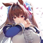  1girl animal_ears bangs blush breasts brown_hair daiwa_scarlet_(umamusume) epaulettes hair_intakes horse_ears horse_girl large_breasts long_hair long_sleeves looking_to_the_side muneshiro_(hitsuji_kikaku) red_eyes tiara twintails umamusume very_long_hair 