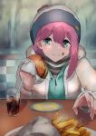  1girl armor beanie blue_jacket checkered_wall coat cup drinking_glass drinking_straw eating eyebrows_visible_through_hair food food_on_face french_fries green_eyes hair_between_eyes hamburger hat highres ito_t20a jacker jacket japanese_armor kagamihara_nadeshiko looking_at_viewer medium_hair multicolored multicolored_clothes multicolored_headwear open_clothes open_coat pink_hair plate scarf shoulder_armor smile sode solo table white_coat yurucamp zipper 