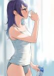  1girl bare_shoulders blurry blurry_background breasts camisole cleavage cup curtains doushimasho drinking glasses highres holding holding_cup indoors long_hair milk milk_carton original panties purple_eyes purple_hair red-framed_eyewear solo spaghetti_strap standing underwear white_camisole 