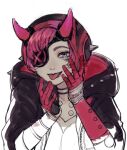  1girl apex_legends black_headwear black_jacket blue_eyes breasts cleavage cyber_punked_wattson cyberpunk eyepatch horns jacket lipstick makeup mechanical_arms mine_a official_alternate_costume one_eye_covered pink_hair purple_lips single_mechanical_arm sketch solo tongue tongue_out unfinished upper_body wattson_(apex_legends) 