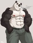  2021 abs anthro beastars belt big_muscles black_sclera bottomwear bulge cigarette clothed clothing giant_panda gouhin grey_background hands_on_hips hi_res looking_at_viewer male mammal muscular muscular_anthro muscular_male navel nipples pants pecs scar simple_background smile smirk smoking solo standing topless topless_male ursid vitashi 