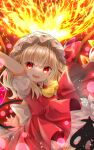  1girl ascot blonde_hair bow brad chromatic_aberration commentary_request eyebrows_visible_through_hair fangs flandre_scarlet hair_between_eyes hat hat_bow highres laevatein looking_at_viewer medium_hair mob_cap open_mouth puffy_short_sleeves puffy_sleeves red_bow red_eyes red_skirt red_vest shirt short_sleeves skirt skirt_set smile solo touhou vest white_headwear white_shirt wings yellow_neckwear 