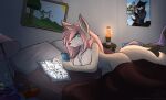  anthro bed blue_eyes breasts canid canine detailed_background digital_media_(artwork) female fur furniture hair hi_res infinitedge2u mammal on_bed pink_hair solo 