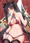  1girl bangs bare_shoulders bell black_hair black_legwear blush breasts christmas christmas_lights christmas_present cleavage cleavage_cutout clothing_cutout cuffs earrings fate/grand_order fate_(series) garter_straps hair_ornament hand_on_own_thigh highres ishtar_(fate) ishtar_(fate)_(all) jewelry large_breasts lingerie long_hair navel navel_cutout neck_bell open_mouth red_eyes shiny shiny_clothes sitting thighhighs thighs toyoman underwear 