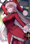 1girl absurdres adjusting_clothes adjusting_headwear bow braid breasts buttons christmas closed_mouth dress eyebrows_visible_through_hair fate/grand_order fate_(series) florence_nightingale_(fate) florence_nightingale_(santa)_(fate) gloves green_bow grey_hair hair_between_eyes hat highres long_hair looking_at_viewer medium_breasts multicolored_bow pantyhose red_bow red_dress red_eyes santa_costume santa_hat shirt simple_background smile solo suzuho_hotaru very_long_hair white_gloves white_shirt 
