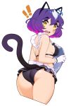  ! !! 1girl animal_ears apron ass bikini black_bikini bright_pupils cat_ears cat_tail commentary cowboy_shot cropped_legs english_commentary from_behind gloves gradient_hair halphelt highres holding holding_tray looking_at_viewer looking_back maid_apron maid_bikini medium_hair multicolored_hair original purple_hair simple_background solo standing swimsuit tail tail_raised tray white_apron white_background white_gloves yellow_eyes 