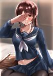  1girl bangs black_legwear blue_sailor_collar blue_serafuku blue_shirt blue_skirt blush breasts brown_eyes brown_hair collarbone covering_one_eye highres idolmaster idolmaster_cinderella_girls large_breasts long_hair long_sleeves looking_at_viewer midriff mifune_miyu navel neckerchief pantyhose ponytail sailor_collar sg_(esujii) shirt sitting skirt thighs white_neckwear 