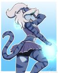  aegis_(infinitedge2u) anthro blue_body blue_eyes blue_fur blue_stripes breasts butt_pose cheerleader cheerleader_outfit clothed clothing digital_media_(artwork) felid female fur hair hi_res infinitedge2u mammal pantherine pom_poms pose smile striped_body striped_fur stripes tiger 