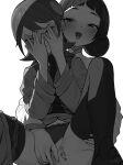  2girls blush censored closed_eyes covering_face double_bun fingering fingering_from_behind greyscale highres jasmine_(mega_man) mayl_sakurai_(mega_man) mega_man_(series) mega_man_battle_network monochrome multiple_girls short_hair smile sweat u-doku yuri 