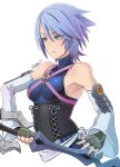  1girl aqua_(kingdom_hearts) armpits artist_name bare_shoulders blue_eyes blue_hair breasts brown_gloves butcha-u detached_sleeves eyebrows_visible_through_hair fingerless_gloves from_side frown gloves hair_between_eyes highres holding holding_sword holding_weapon kingdom_hearts kingdom_hearts_birth_by_sleep large_breasts long_sleeves short_hair simple_background solo sword upper_body weapon white_background white_sleeves wide_sleeves 