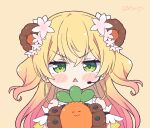  1girl angry animal_ears arm_garter bear_ears bear_girl bear_paws blonde_hair blush_stickers chibi commentary english_commentary frilled_shirt frills gloves gradient_hair green_eyes headset hololive kukie-nyan long_hair looking_at_viewer momosuzu_nene multicolored_hair nekko_(momosuzu_nene) paw_gloves paws pink_hair scowl shirt sleeveless sleeveless_shirt solo triangle_mouth twitter_username two_side_up virtual_youtuber 