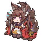  1girl :t amagi-chan_(azur_lane) animal_ears azur_lane bangs bell black_legwear blunt_bangs brown_hair chibi commentary_request curry curry_rice eating eyebrows_visible_through_hair flying_sweatdrops food fox_ears fox_girl fox_tail hair_ribbon holding holding_spoon kyuubi long_hair looking_at_viewer manjuu_(azur_lane) multiple_tails off-shoulder_kimono off_shoulder plate purple_eyes ribbon rice rope sassa_(onion) seiza shimenawa sidelocks simple_background sitting solo spoon tail thick_eyebrows translation_request twintails white_background wide_sleeves 